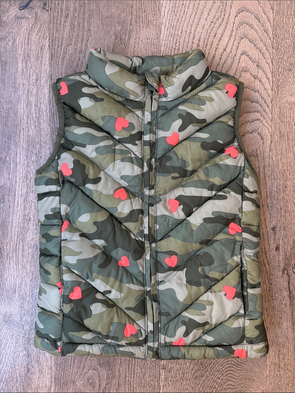 Kid’s GAP Green Camo Puffer Vest with Pink Heart Print